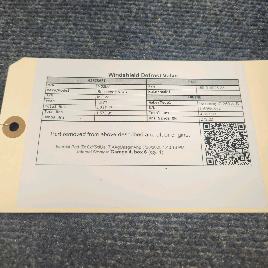 Used aircraft parts for sale, 169-910028-23 Beechcraft A24R Windshield Defrost Valve