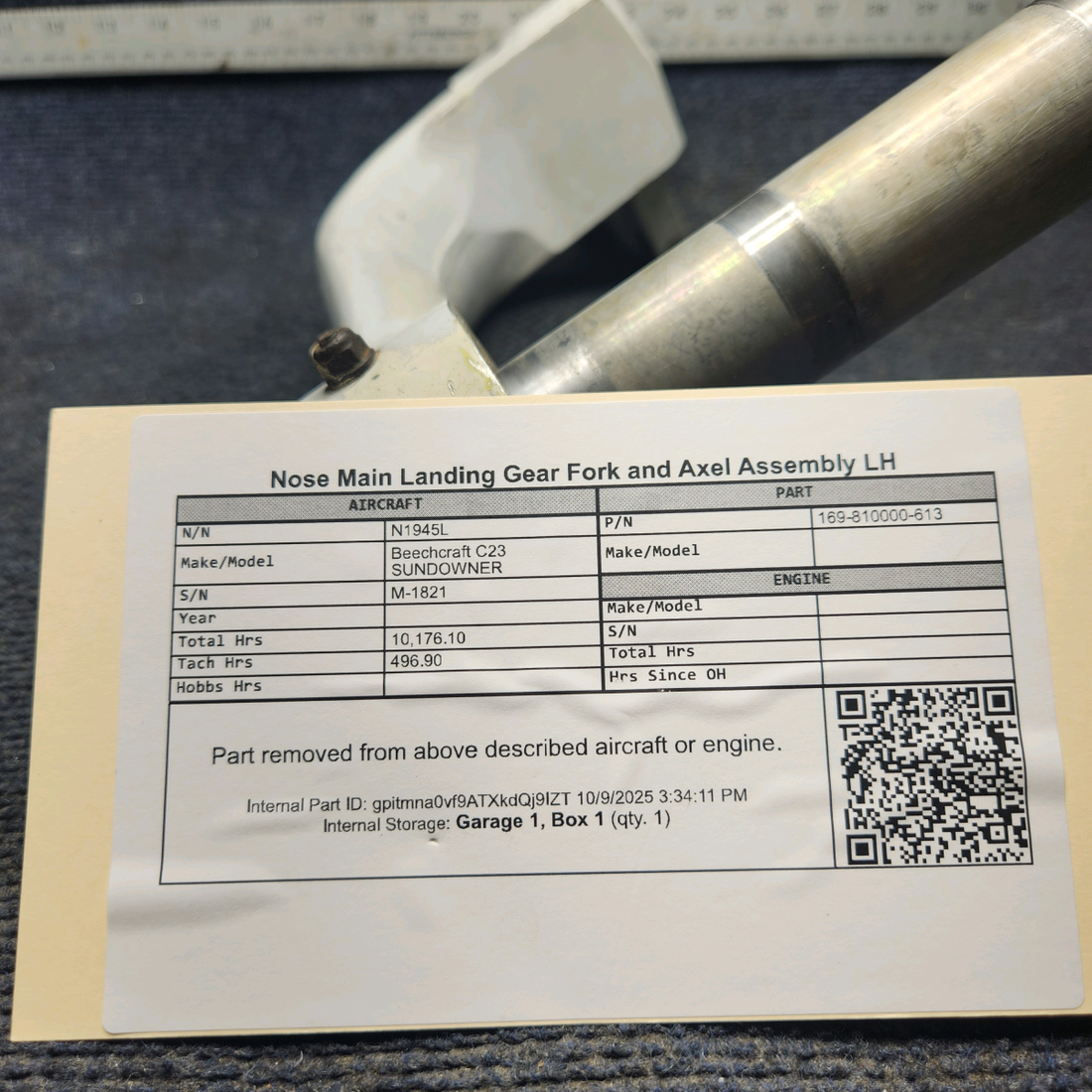 Used aircraft parts for sale, 169-810000-613 Beechcraft C23 SUNDOWNER Nose/Main Landing Gear Fork and Axle Assembly - LH