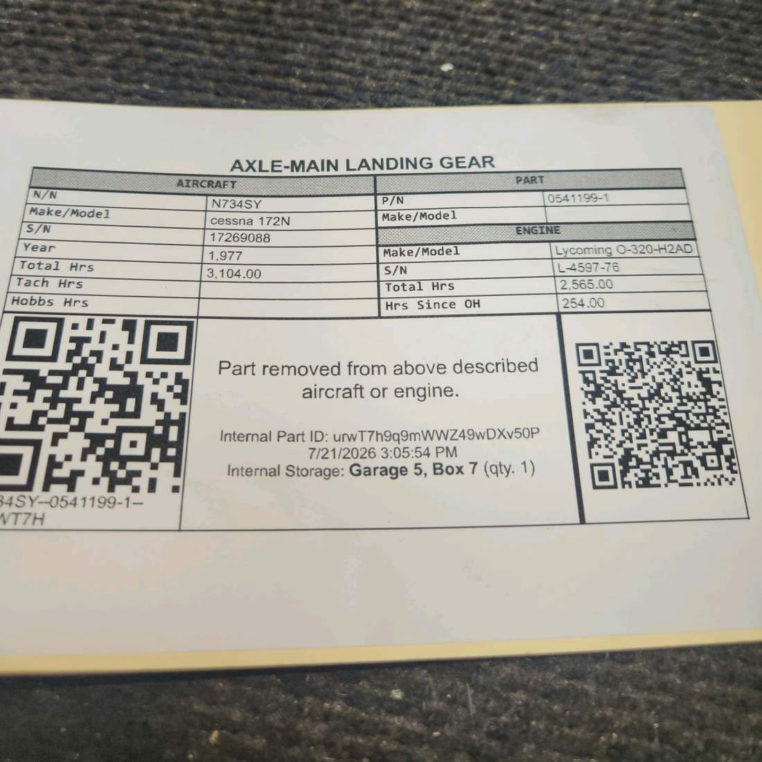 Used aircraft parts for sale, 0541199-1 cessna 172N Axle-Main Landing Gear