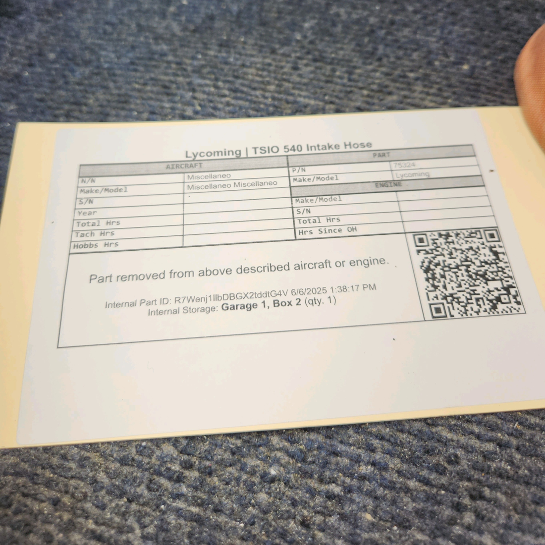 Used aircraft parts for sale, 75324 Lycoming TSIO 540 Intake Hose