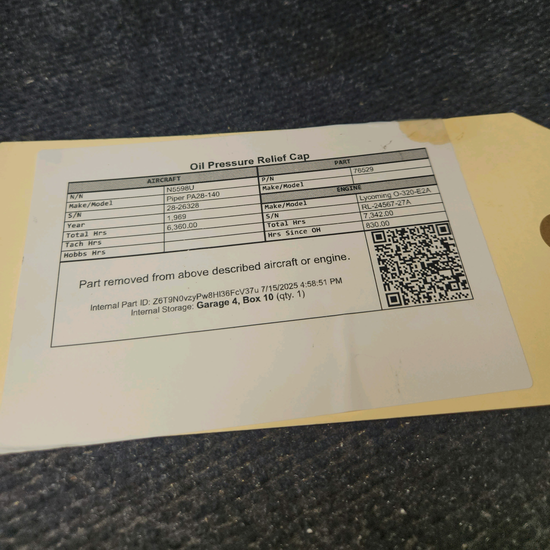 Used aircraft parts for sale, 76529 Lycoming O-320 Piper PA28-140 Oil Pressure Relief Cap