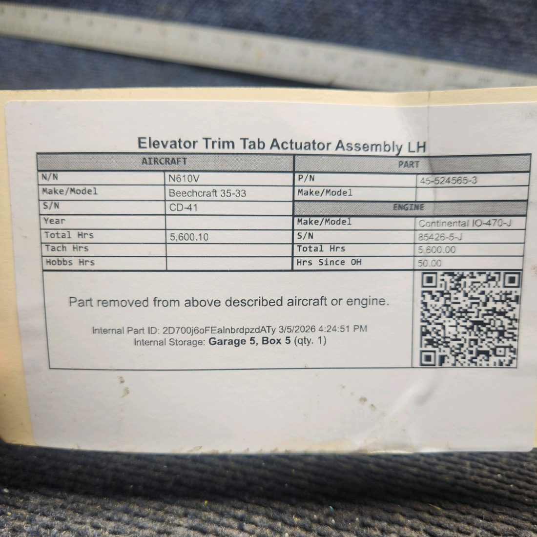 Used aircraft parts for sale, 45-524565-3 Beechcraft 35-33 Elevator Trim Tab Actuator Assembly - LH