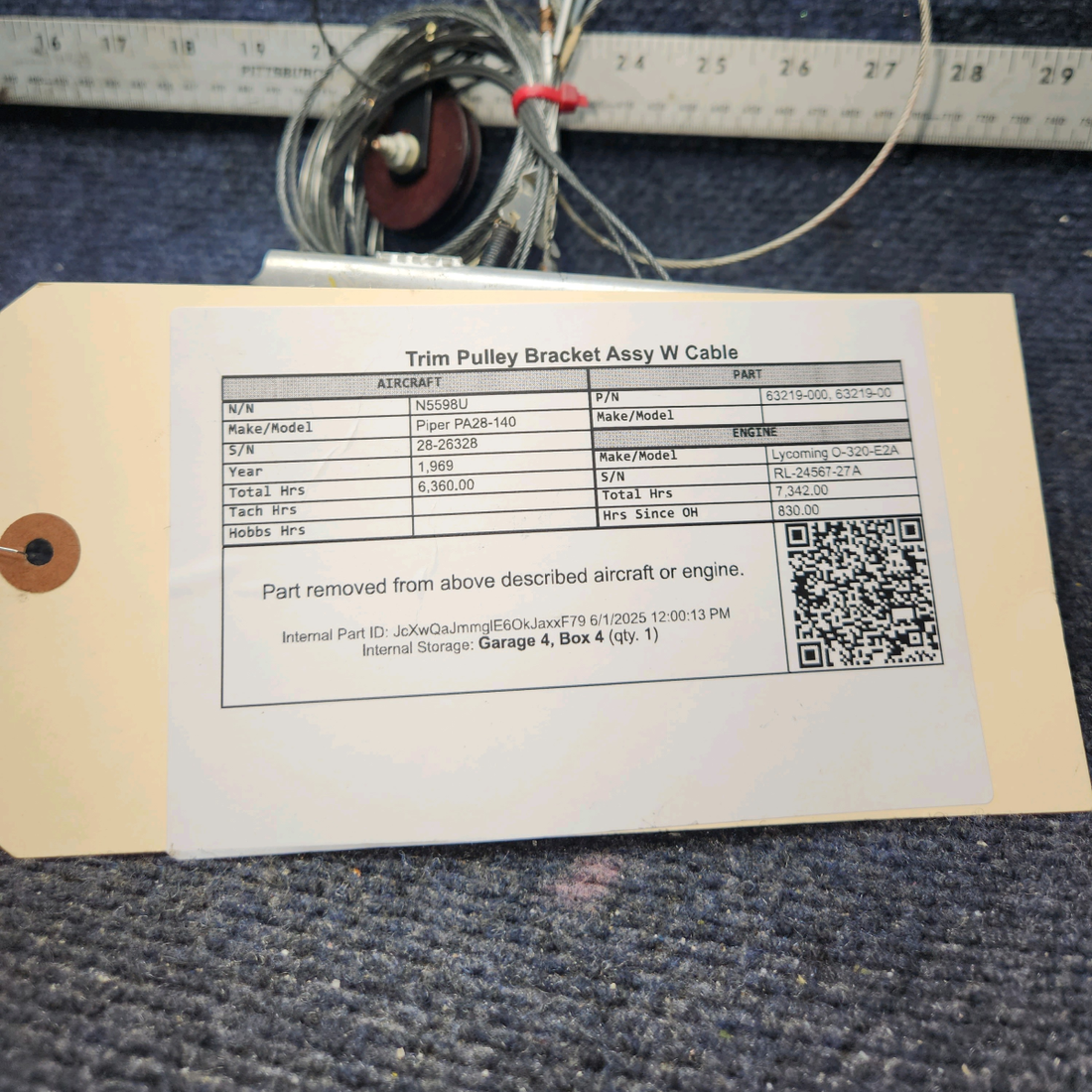 Used aircraft parts for sale, 63219-000 Piper PA28-140 Trim Pulley Bracket Assy W Cable