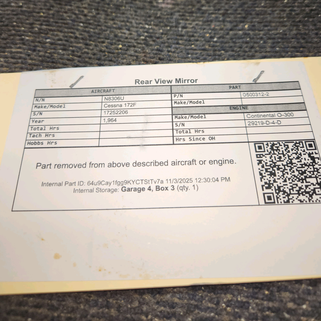 Used aircraft parts for sale, 0500312-2 Cessna 172F Rear View Mirror