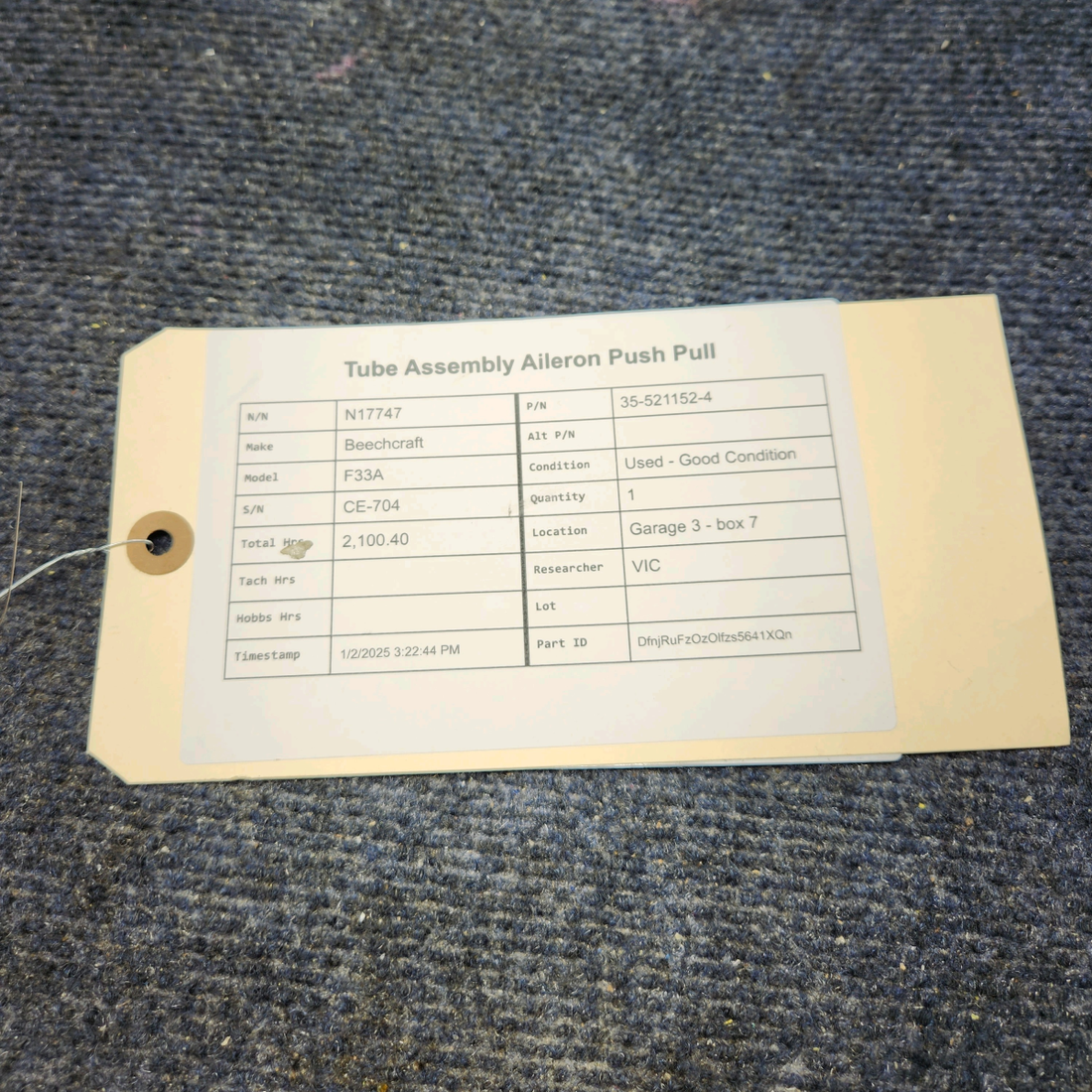 Used aircraft parts for sale, 35-521152-4 Beechcraft F33A TUBE ASSEMBLY AILERON PUSH PULL
