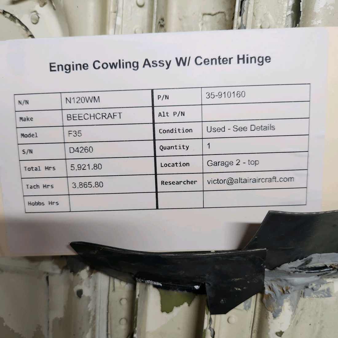 Used aircraft parts for sale, 35-910160 BEECHCRAFT F35 ENGINE COWLING ASSY W/ CENTER HINGE