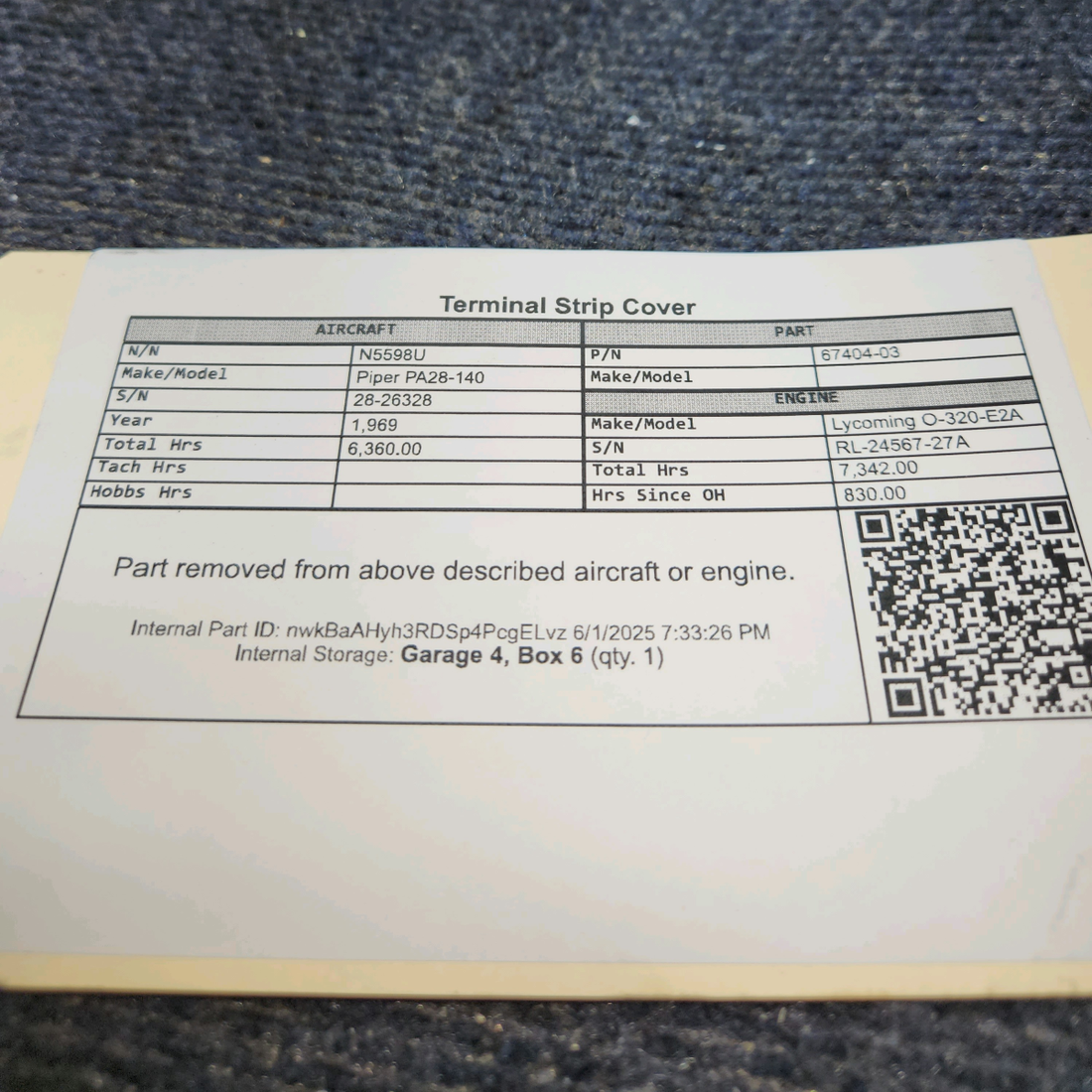 Used aircraft parts for sale, 67404-03 Piper PA28-140 Terminal Strip Cover