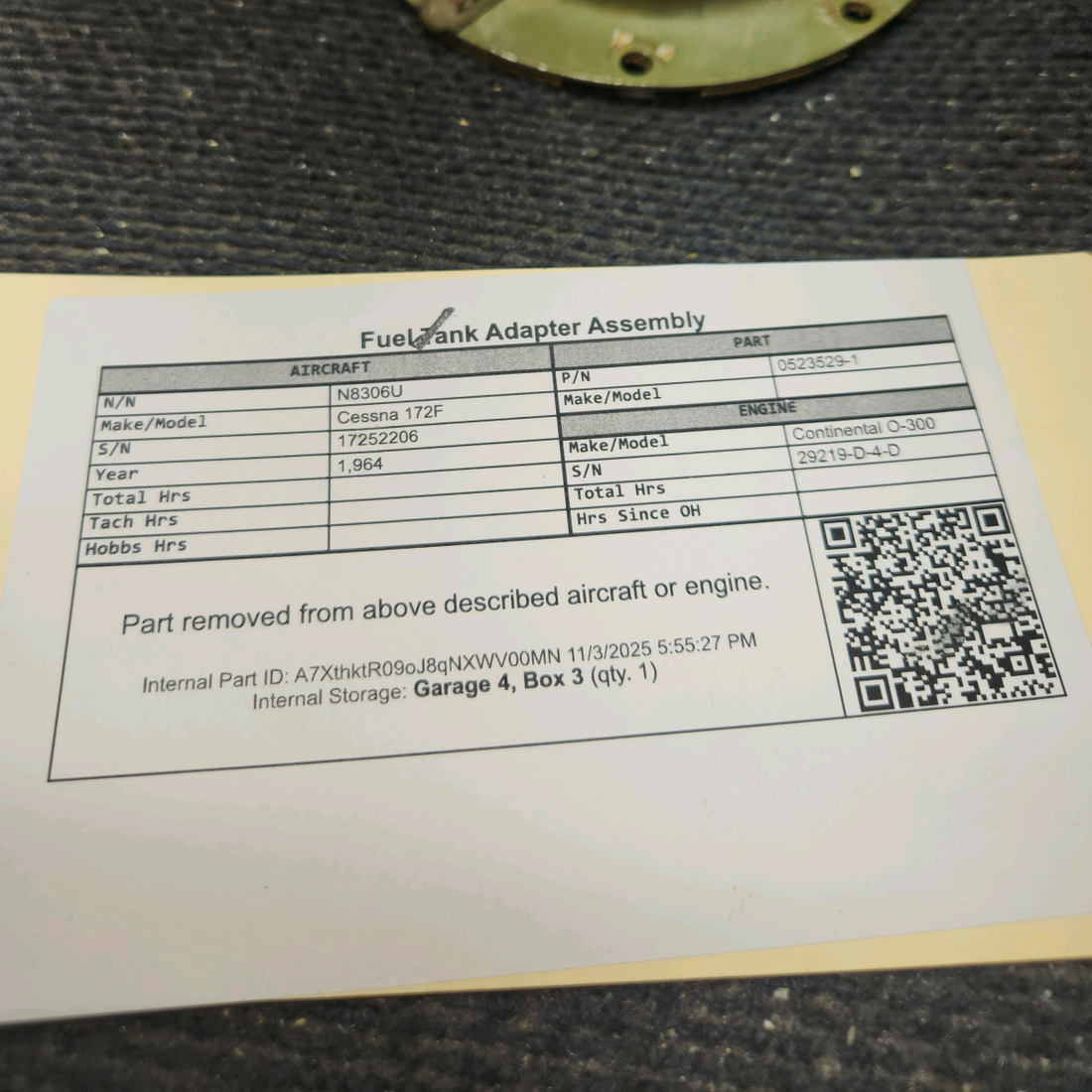 Used aircraft parts for sale, 0523529-1 Cessna 172F Fuel Tank Adapter Assembly