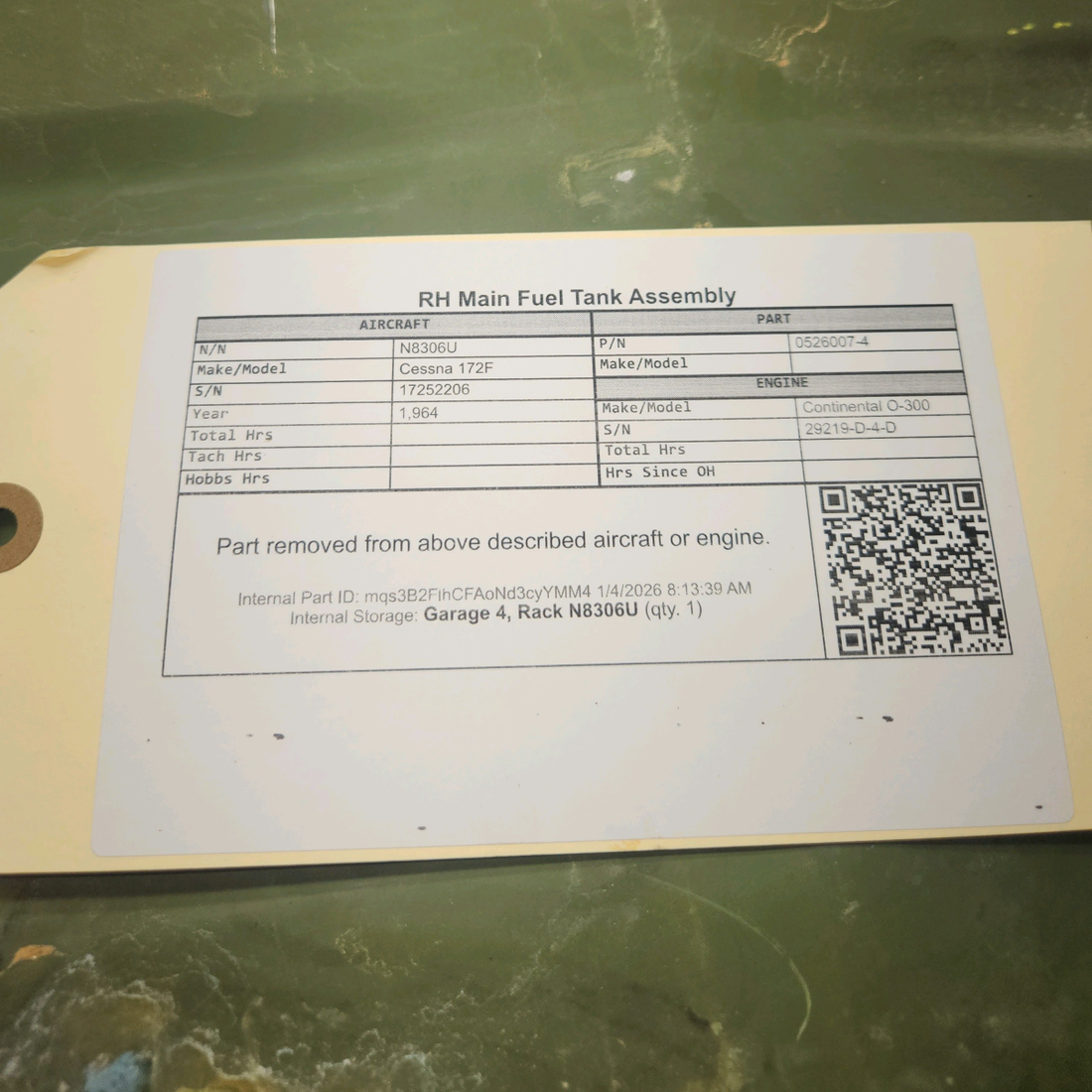 Used aircraft parts for sale, 0526007-4 Cessna 172F RH Main Fuel Tank Assembly