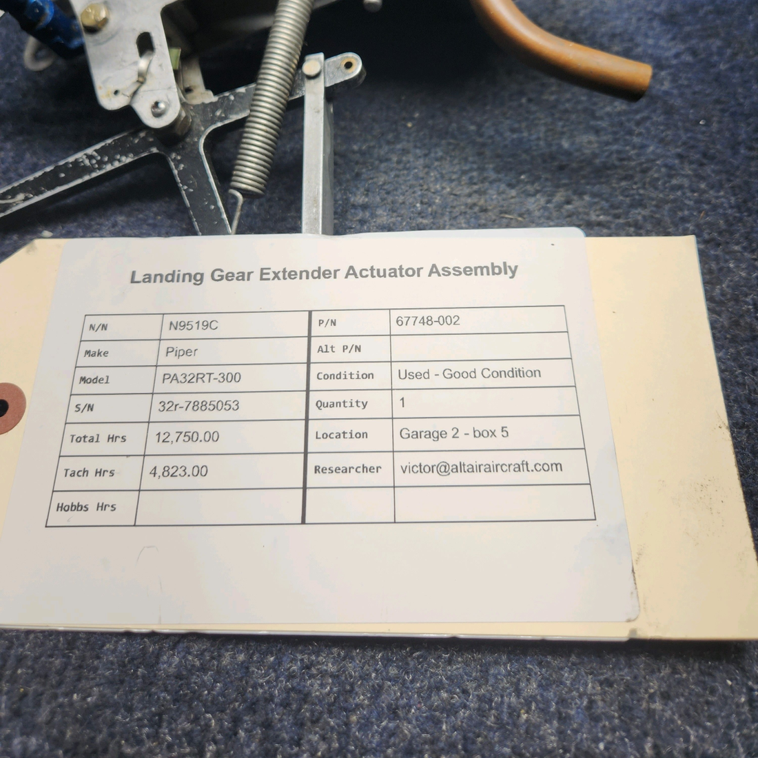 Used aircraft parts for sale, 67748-002 Piper PA32RT-300 LANDING GEAR EXTENDER ACTUATOR ASSEMBLY