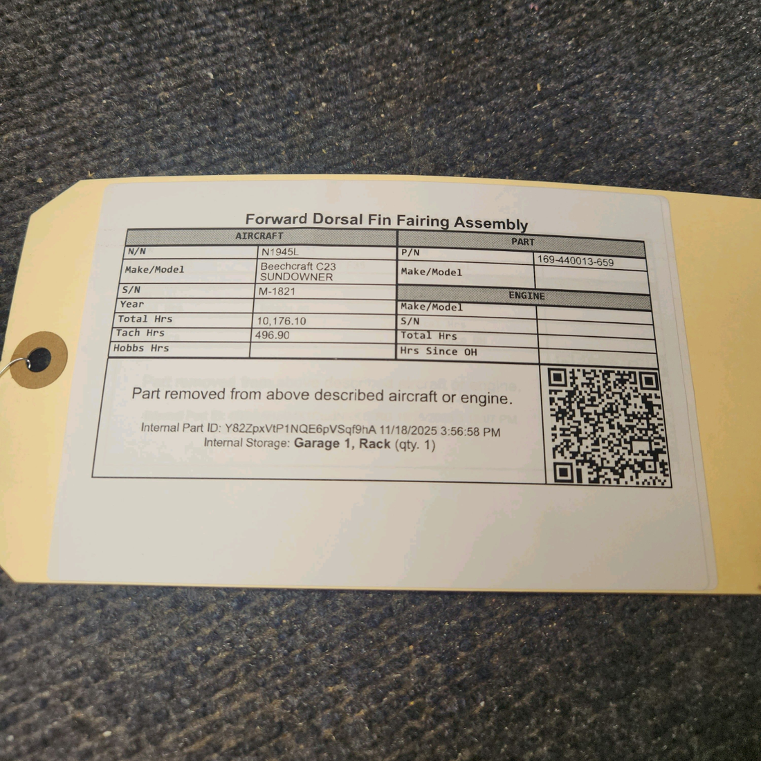 Used aircraft parts for sale, 169-440013-659 Beechcraft C23 SUNDOWNER Forward Dorsal Fin Fairing Assembly