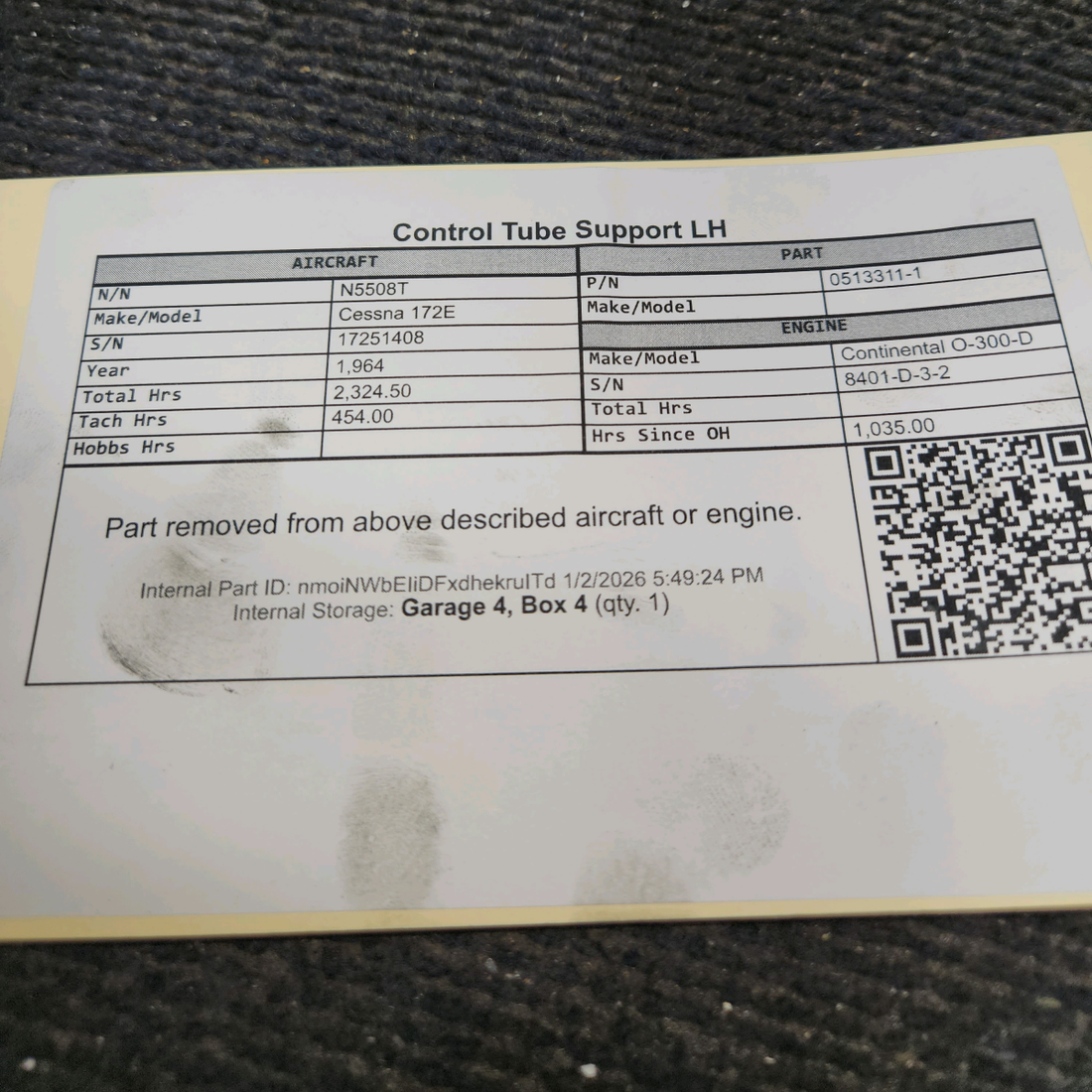 Used aircraft parts for sale, 0513311-1 Cessna 172E Control Tube Support LH