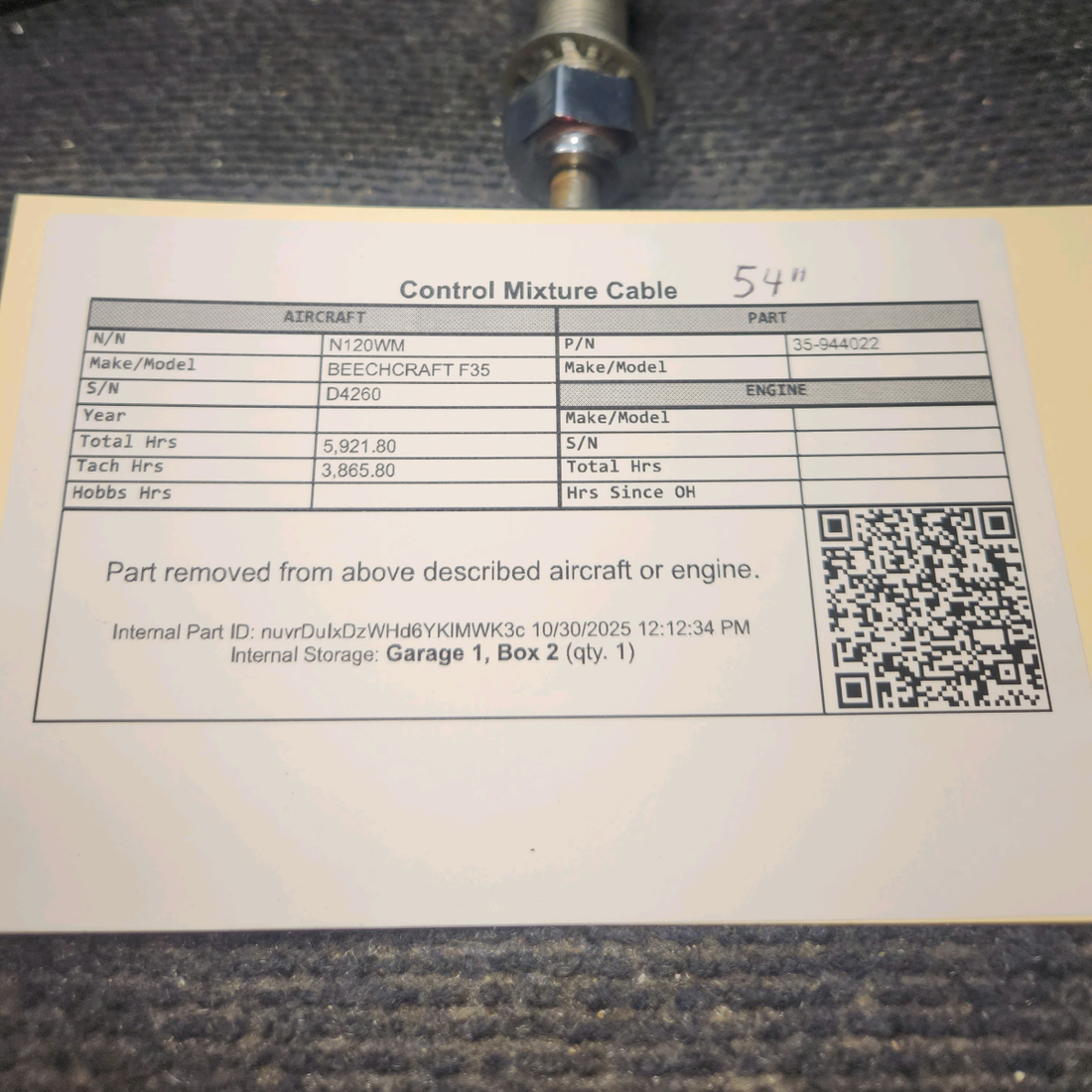 Used aircraft parts for sale, 35-944022 BEECHCRAFT F35 Mixture Control Cable – 54" Length