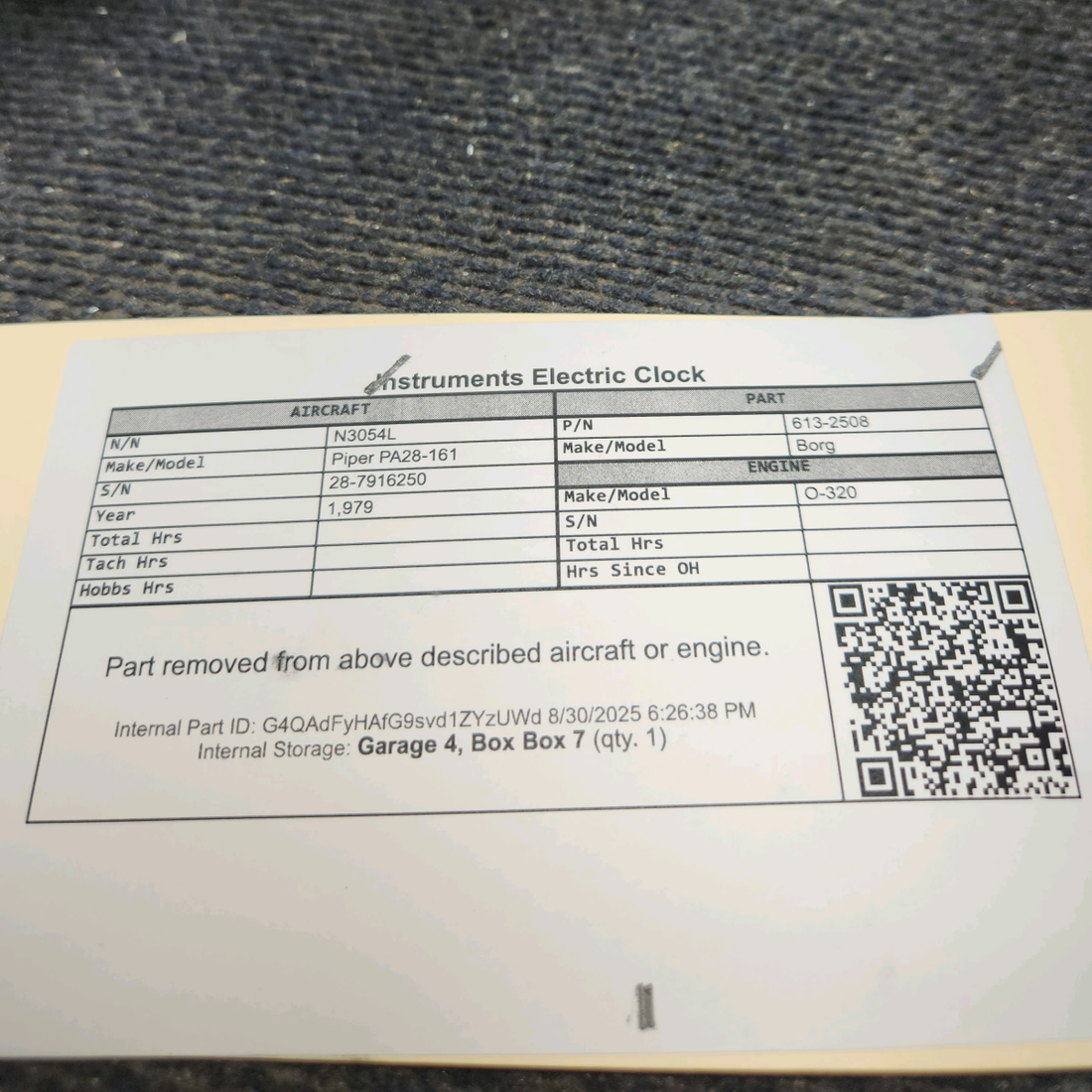 Used aircraft parts for sale, 613-2508 Borg Piper PA28-161 Instruments Electric Clock