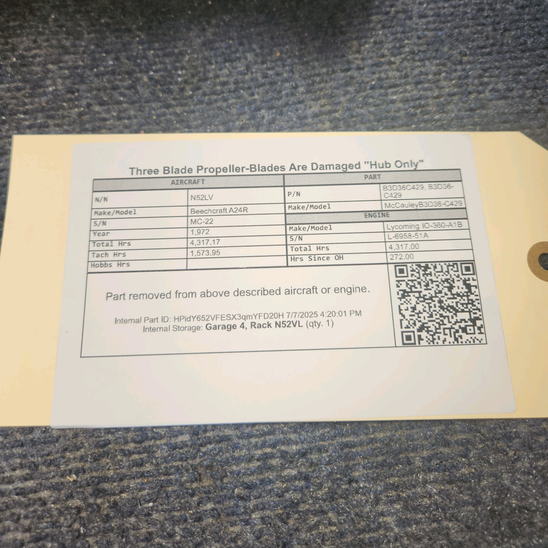 Used aircraft parts for sale, B3D36C429 McCauley B3D36-C429 Beechcraft A24R Three Blade Propeller-Blades Are Damaged "Hub Only"