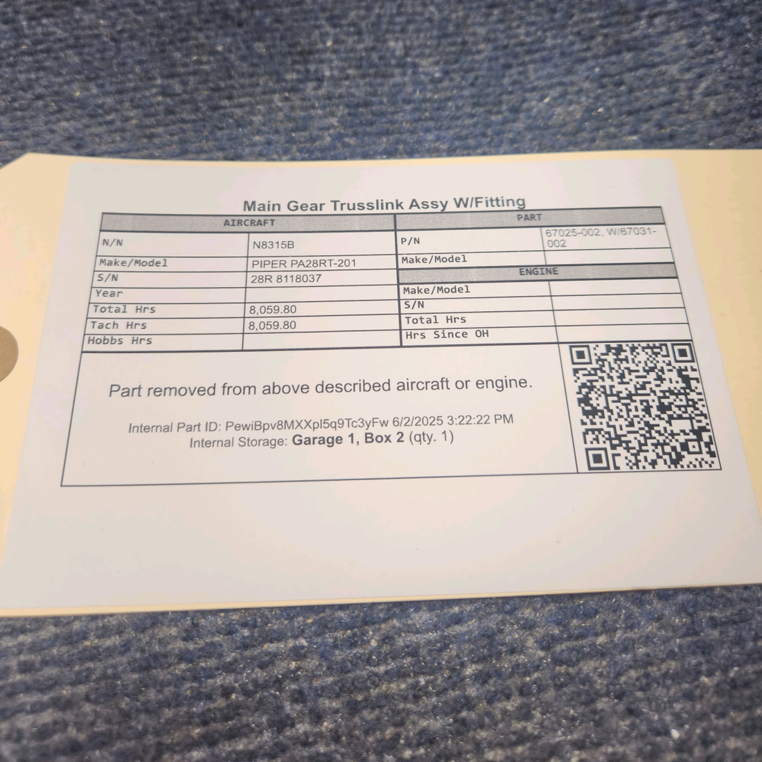 Used aircraft parts for sale, 67025-002 PIPER PA28RT-201 Main Gear Truss Link Assy w/Fitting