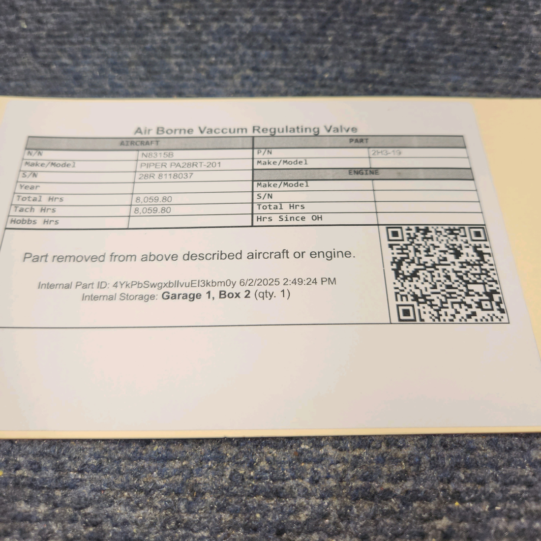 Used aircraft parts for sale, 2H3-19 Airborne PIPER PA28RT-201 Vacuum Regulating Valve