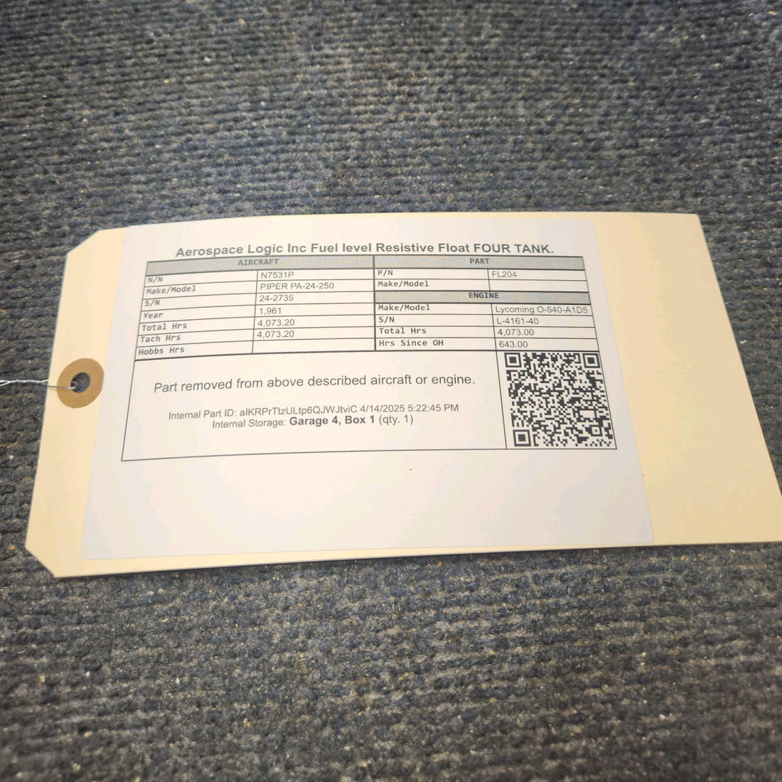 Used aircraft parts for sale, FL204 Aerospace Logic Inc FL204 Resistive Sender PIPER PA-24-250 Fuel level Resistive Float Gage