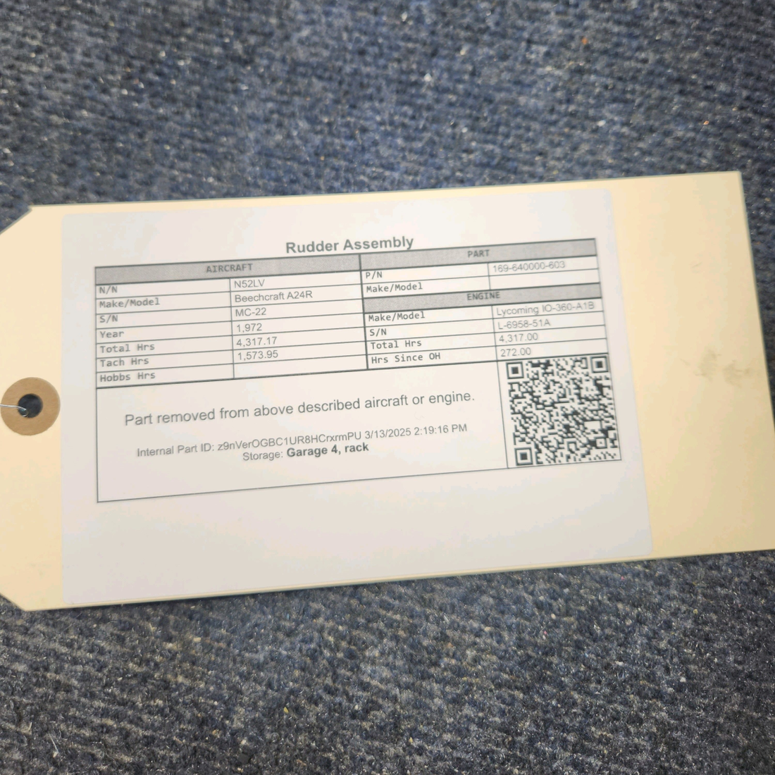 Used aircraft parts for sale, 169-640000-603 Beechcraft A24R Rudder Assembly