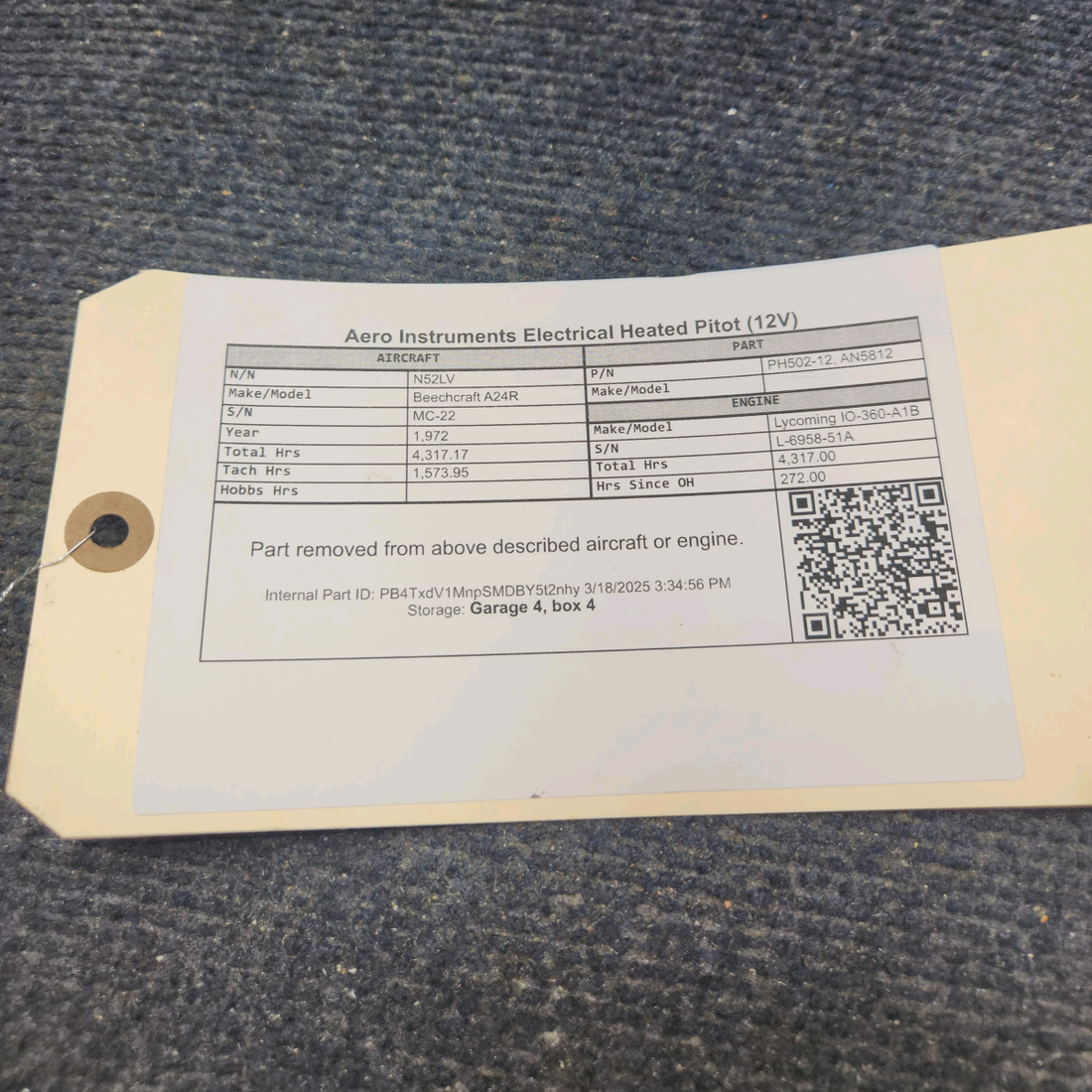 Used aircraft parts for sale, PH502-12 Aero Instruments Beechcraft A24R Electrical Heated Pitot (12V)