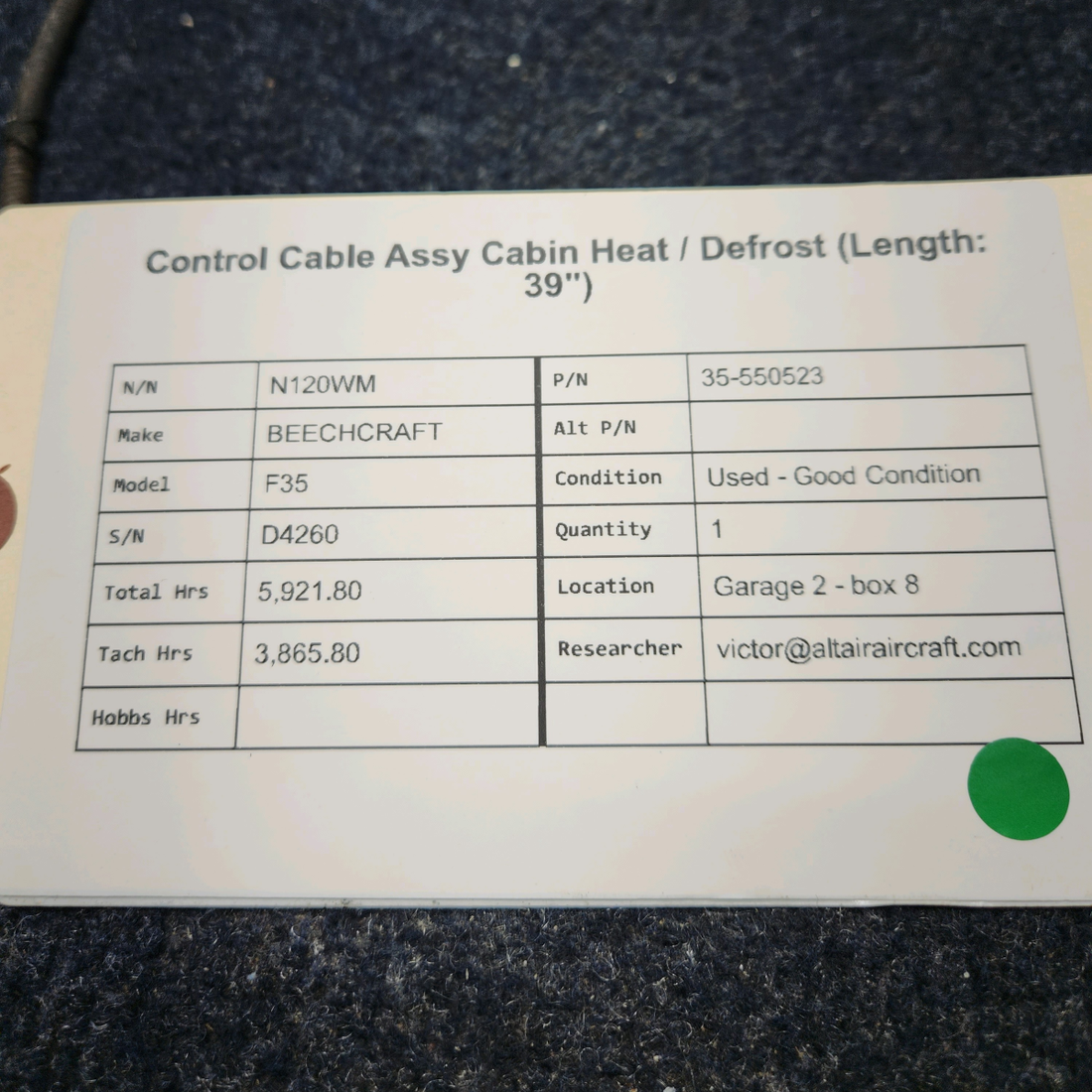 Used aircraft parts for sale, 35-550523 BEECHCRAFT F35 CONTROL CABLE ASSY CABIN HEAT / DEFROST (LENGTH: 39")