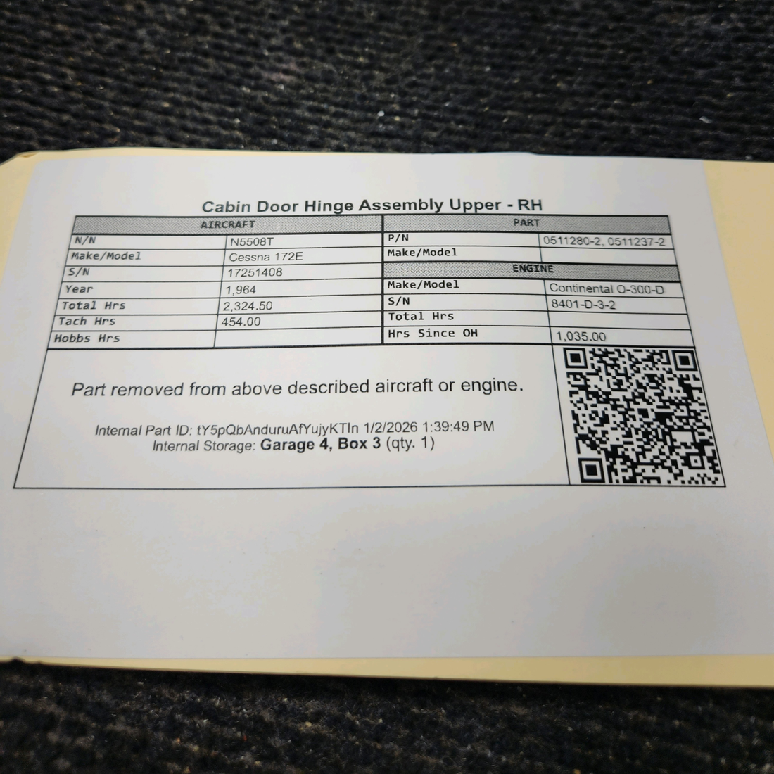 Used aircraft parts for sale, 0511280-2, 0511237-2 Cessna 172E Cabin Door Hinge Assembly Upper - RH