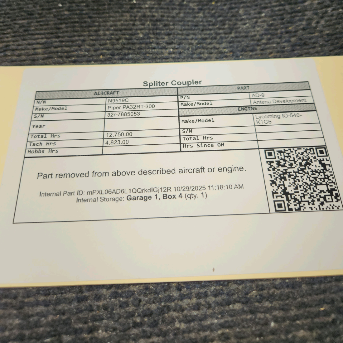 Used aircraft parts for sale, AD-9 Antenna Development Piper PA32RT-300 Splitter Coupler