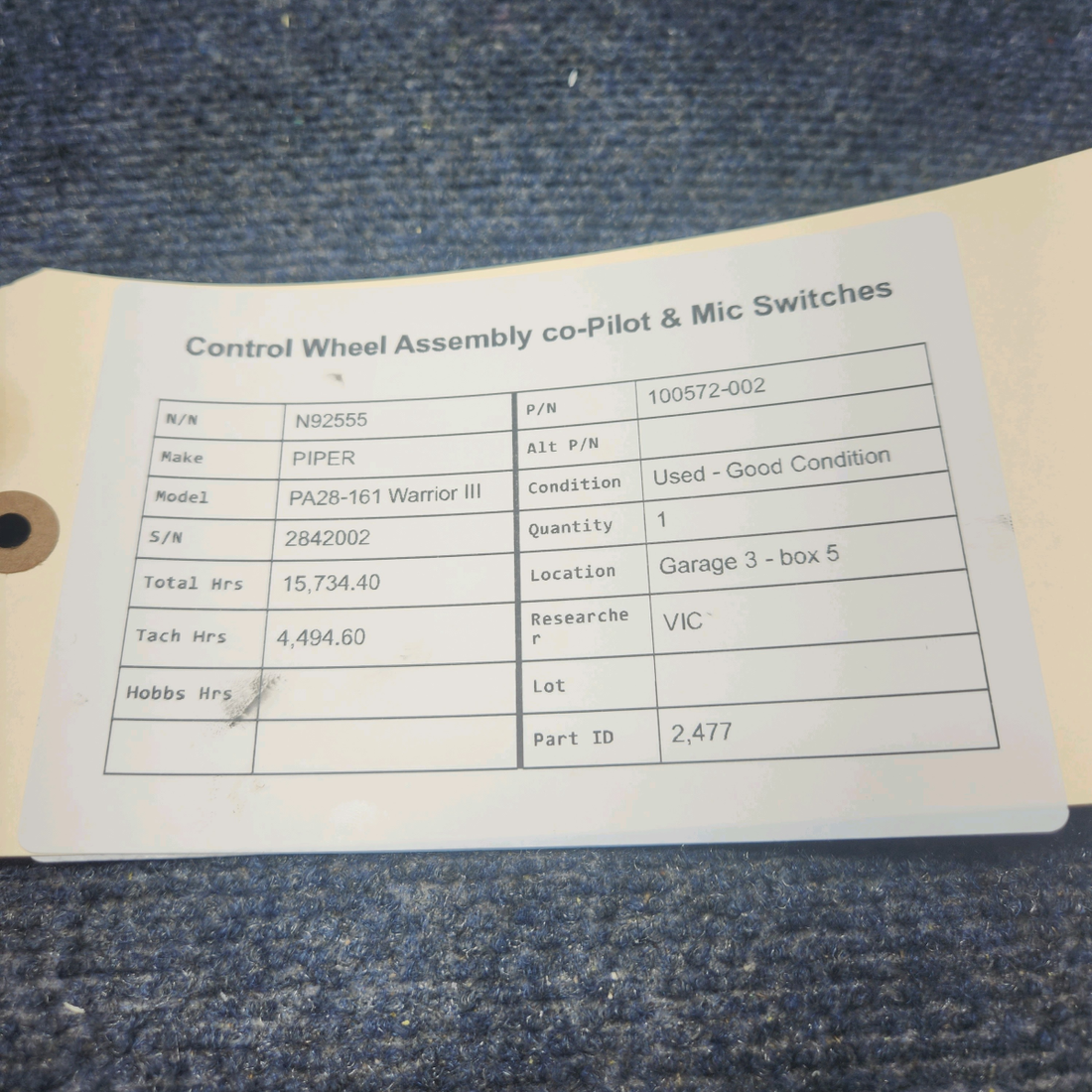 Used aircraft parts for sale, 100572-002 PIPER PA28-161 Warrior III CONTROL WHEEL ASSEMBLY CO-PILOT  & MIC SWITCHES