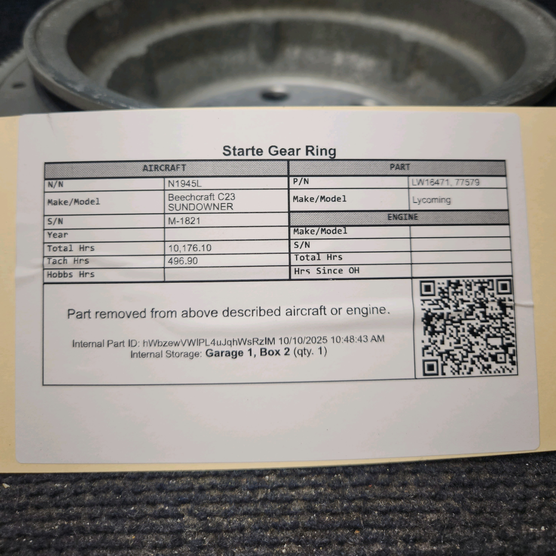 Used aircraft parts for sale, LW16471 Lycoming Beechcraft C23 SUNDOWNER Starter Gear Ring