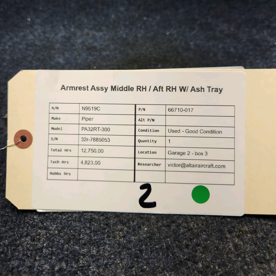 Used aircraft parts for sale, 66710-017 Piper PA32RT-300 ARMREST ASSY MIDDLE RH / AFT RH W/ ASH TRAY