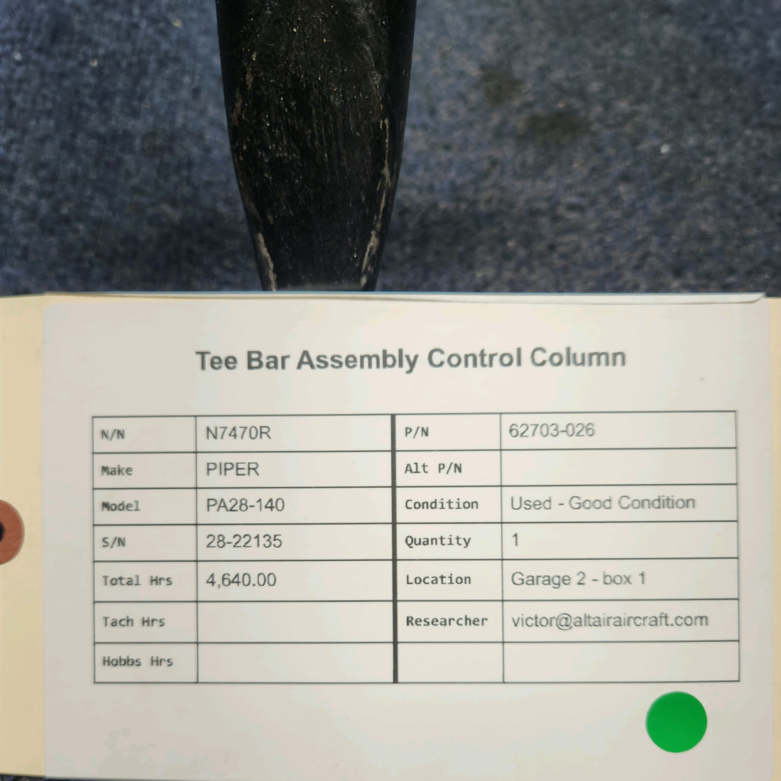 Used aircraft parts for sale, 62703-026 PIPER PA28-140 TEE BAR ASSEMBLY CONTROL COLUMN
