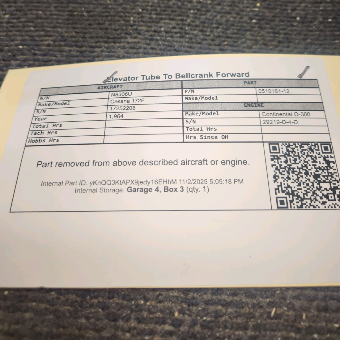 Used aircraft parts for sale, 0510161-12 Cessna 172F Elevator Tube To Bellcrank Forward