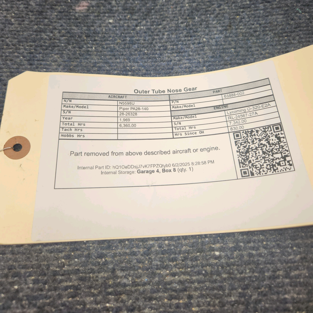 Used aircraft parts for sale, 65888-002 Piper PA28-140 Outer Tube Nose Gear