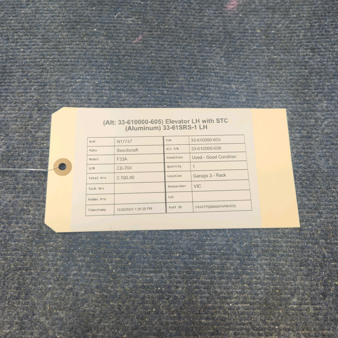 Used aircraft parts for sale, 33-610000-605 Beechcraft F33A ELEVATOR LH WITH STC (ALUMINUM) 33-61SRS-1 LH