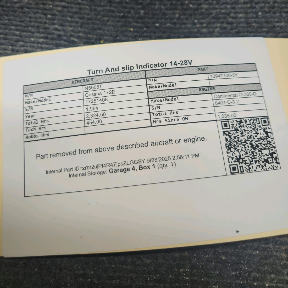 Used aircraft parts for sale, 1394T100-5Y Cessna 172E Turn and Slip Indicator (14–28 Volts)