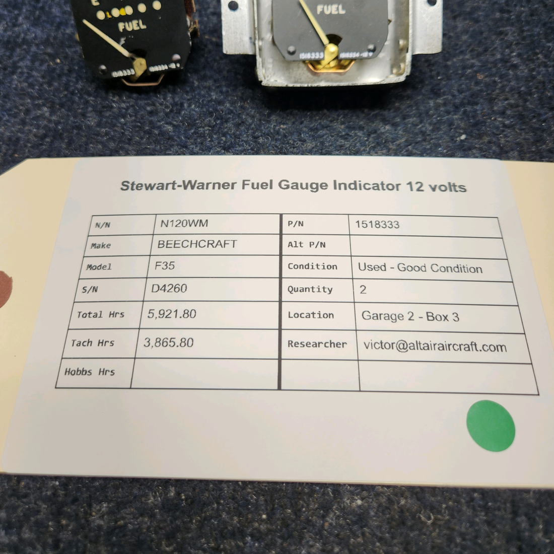Used aircraft parts for sale, 1518333 BEECHCRAFT F35 STEWART-WARNER FUEL GAUGE INDICATOR 12 VOLTS PRICE PER EACH