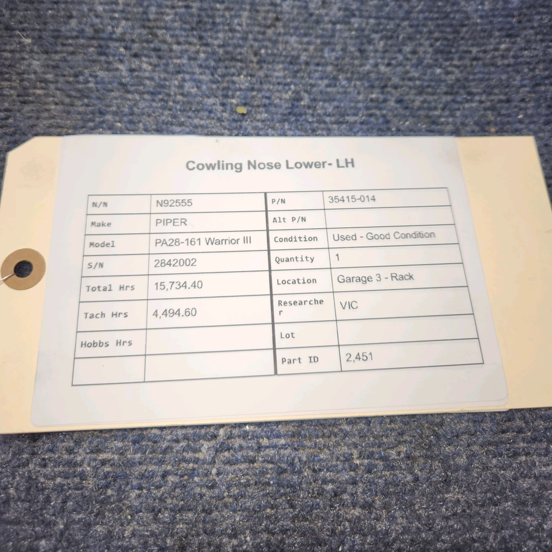 Used aircraft parts for sale, 35415-014 PIPER PA28-161 Warrior III COWLING NOSE LOWER- LH