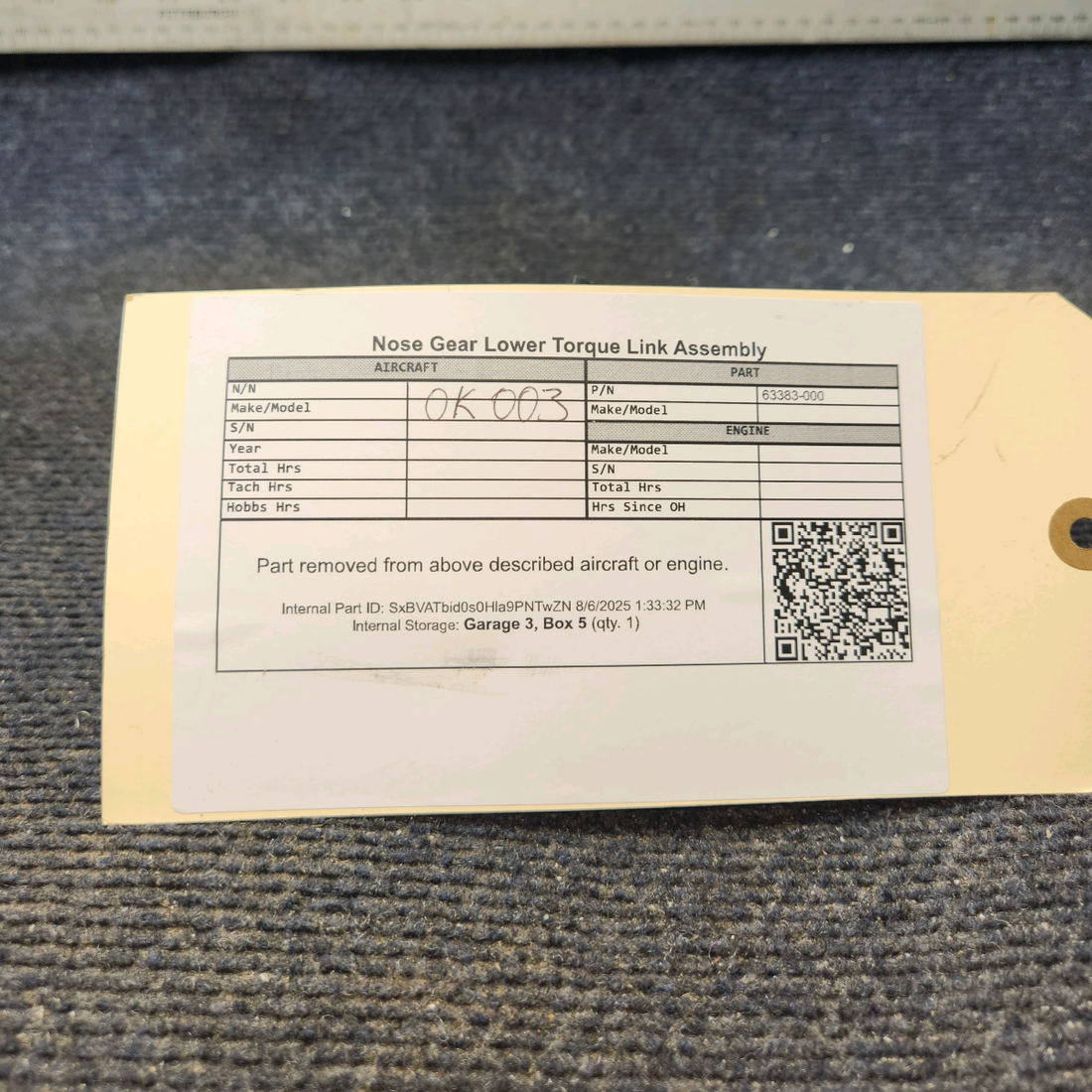 Used aircraft parts for sale, 63383-000 Piper PA28-140 Nose Gear Lower Torque Link Assembly