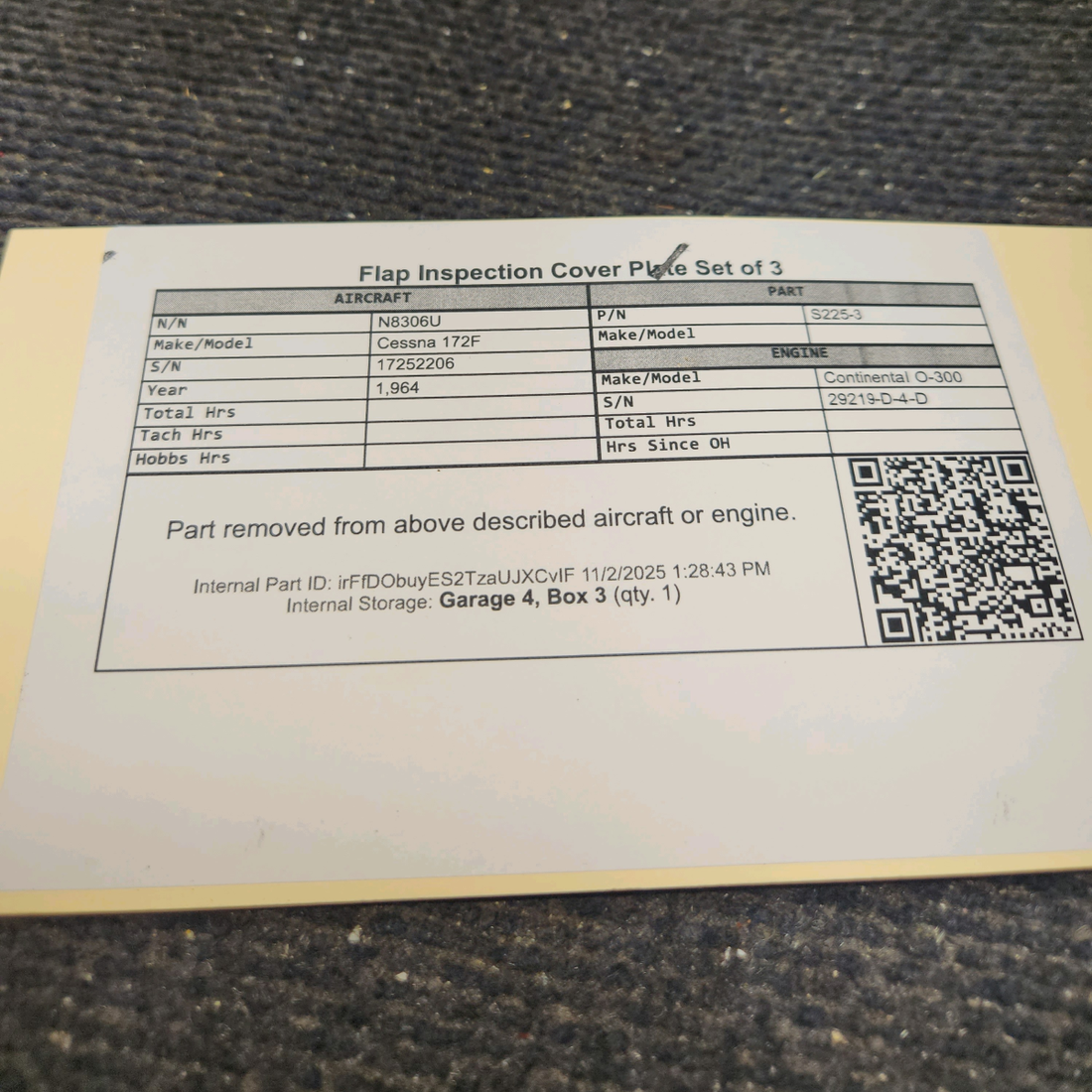 Used aircraft parts for sale, S225-3 Cessna 172F Flap Inspection Cover Plate - Set of 3