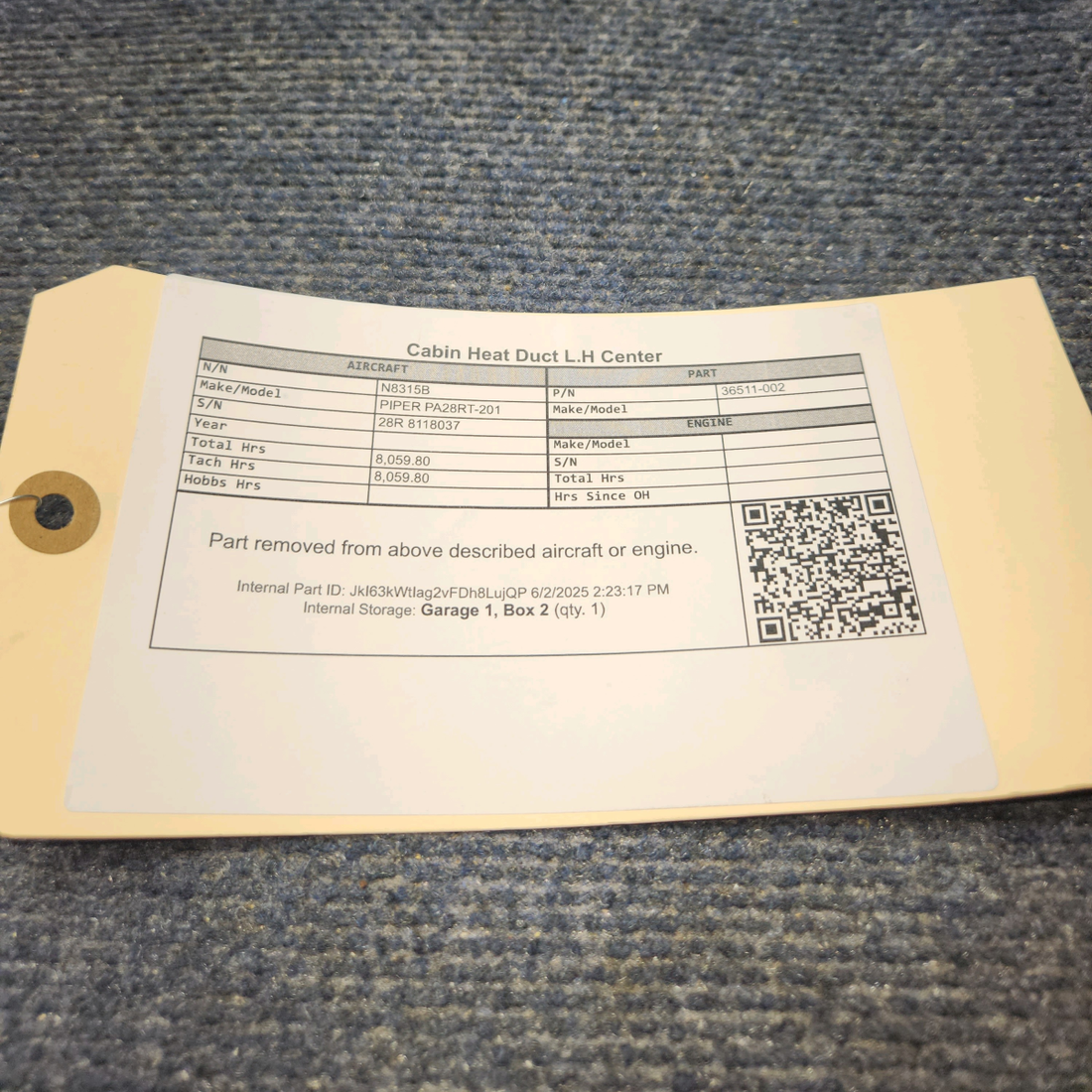 Used aircraft parts for sale, 36511-002 PIPER PA28RT-201 Cabin Heat Duct LHCenter