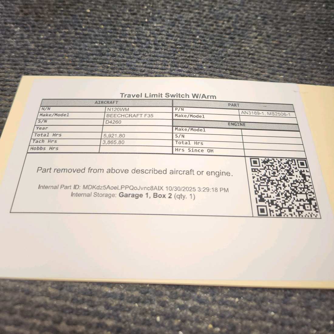 Used aircraft parts for sale, AN3169-1 BEECHCRAFT F35 Travel Limit Switch W/Arm