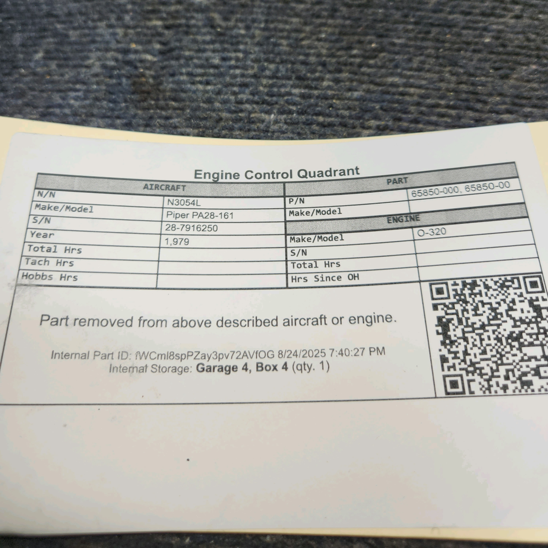 Used aircraft parts for sale, 65850-000 Piper PA28-161 Engine Control Quadrant