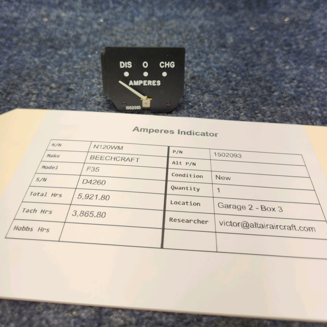 Used aircraft parts for sale, 1502093 BEECHCRAFT F35 AMPERES INDICATOR