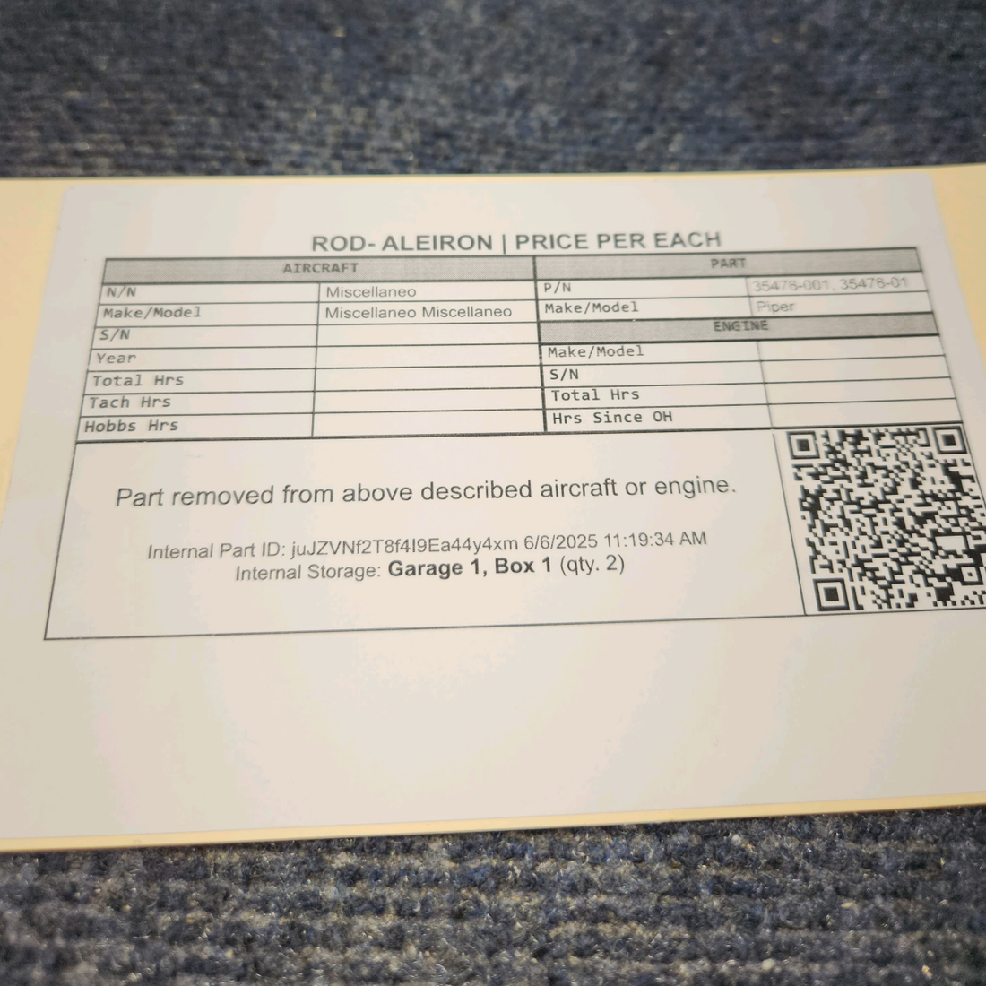 Used aircraft parts for sale, 35476-001 Piper PA28RT-200 Rod – Aileron - Price per Unit