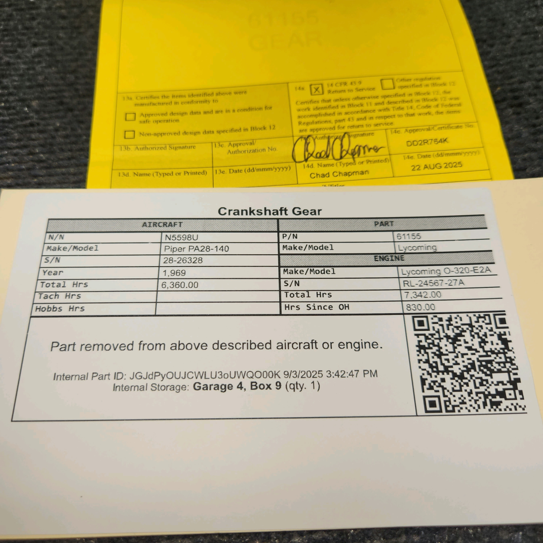 Used aircraft parts for sale, 61155 Lycoming O-320 Piper PA28-140 Crankshaft Gear with 8130-1