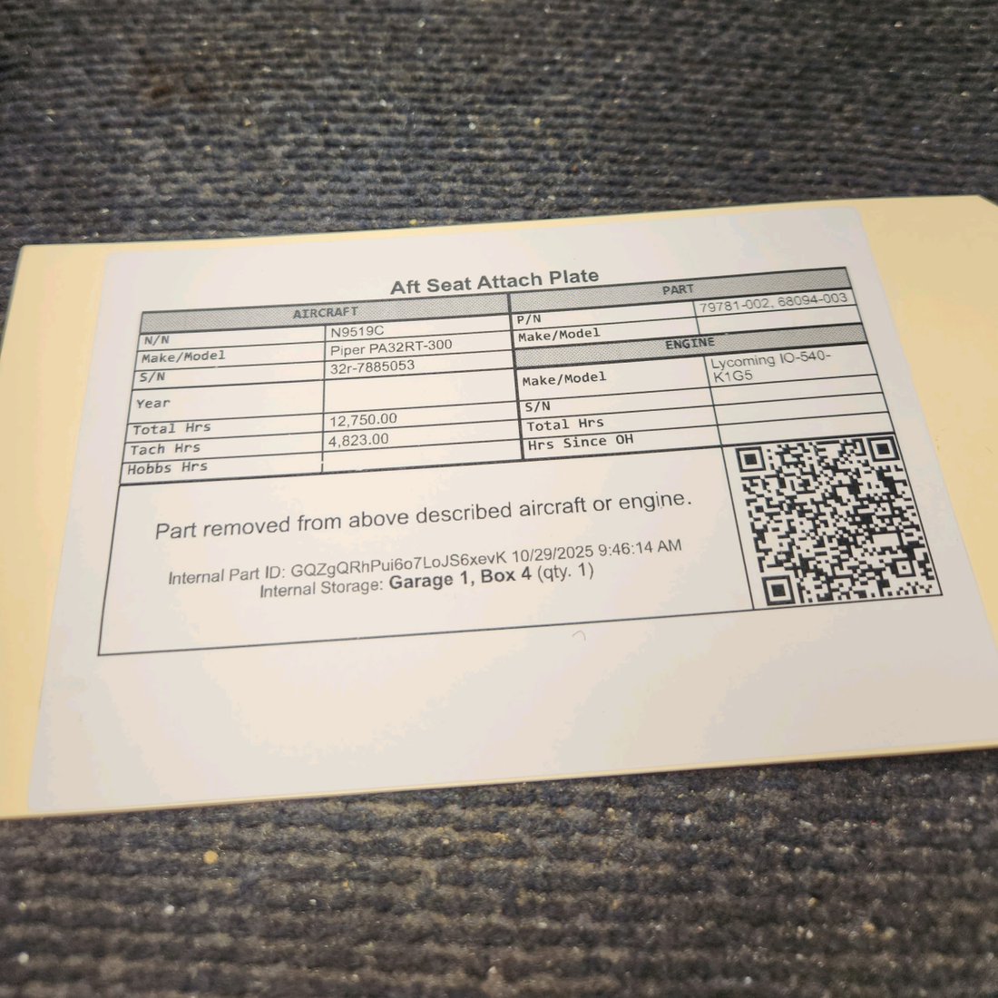 Used aircraft parts for sale, 79781-002 Piper PA32RT-300 Aft Seat Attach Plate