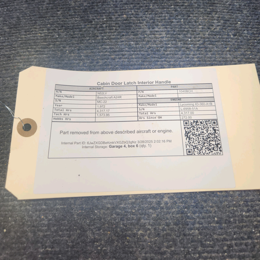 Used aircraft parts for sale, 1040BCH Beechcraft A24R Cabin Door Latch Interior Handle