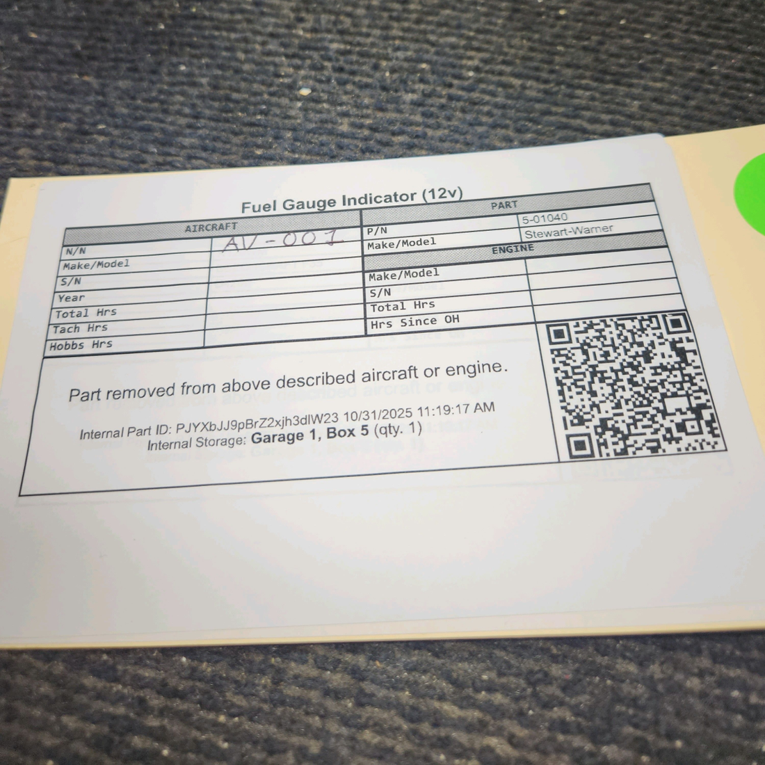 Used aircraft parts for sale, 5-01040 Stewart-Warner Cessna 175, 172 Fuel Gauge Indicator (12v)