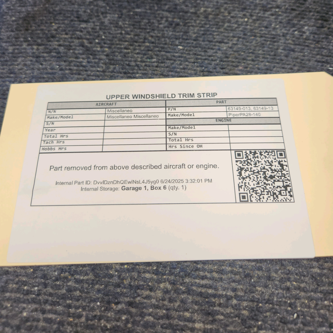 Used aircraft parts for sale, 63149-013 Piper PA28-140 Upper RH Windshield Bow Trim