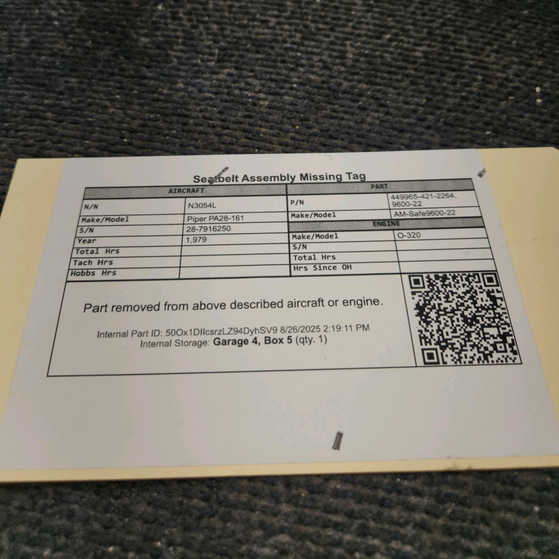 Used aircraft parts for sale, 449965-421-2264 AM-Safe 9600-22 Piper PA28-161 Seatbelt Assembly Missing Tag